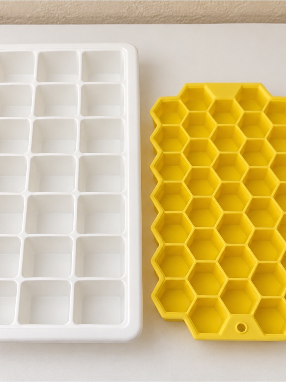 Yellow Silicone Hexagon Tray & White Plastic Square Mold Ice Trays
